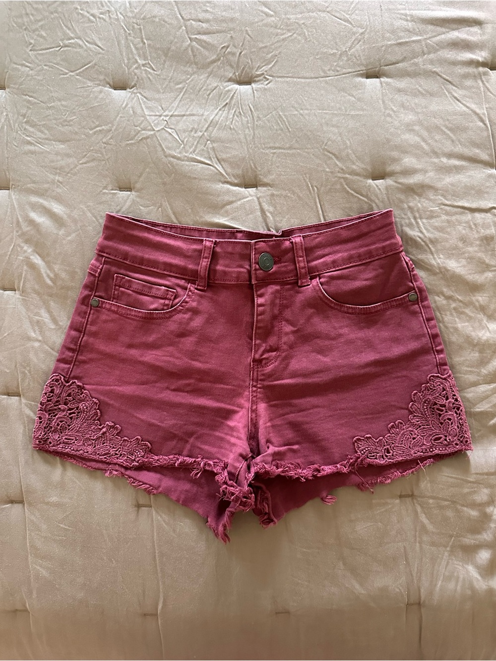 Vanity Maroon Lace-Trim Denim Shorts